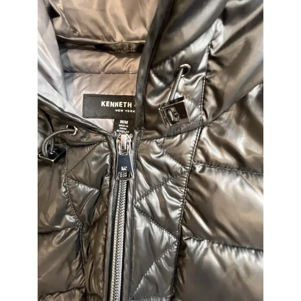 Kenneth Cole New York Hooded Full Zip Mid-Length Puffer Jacket Black M